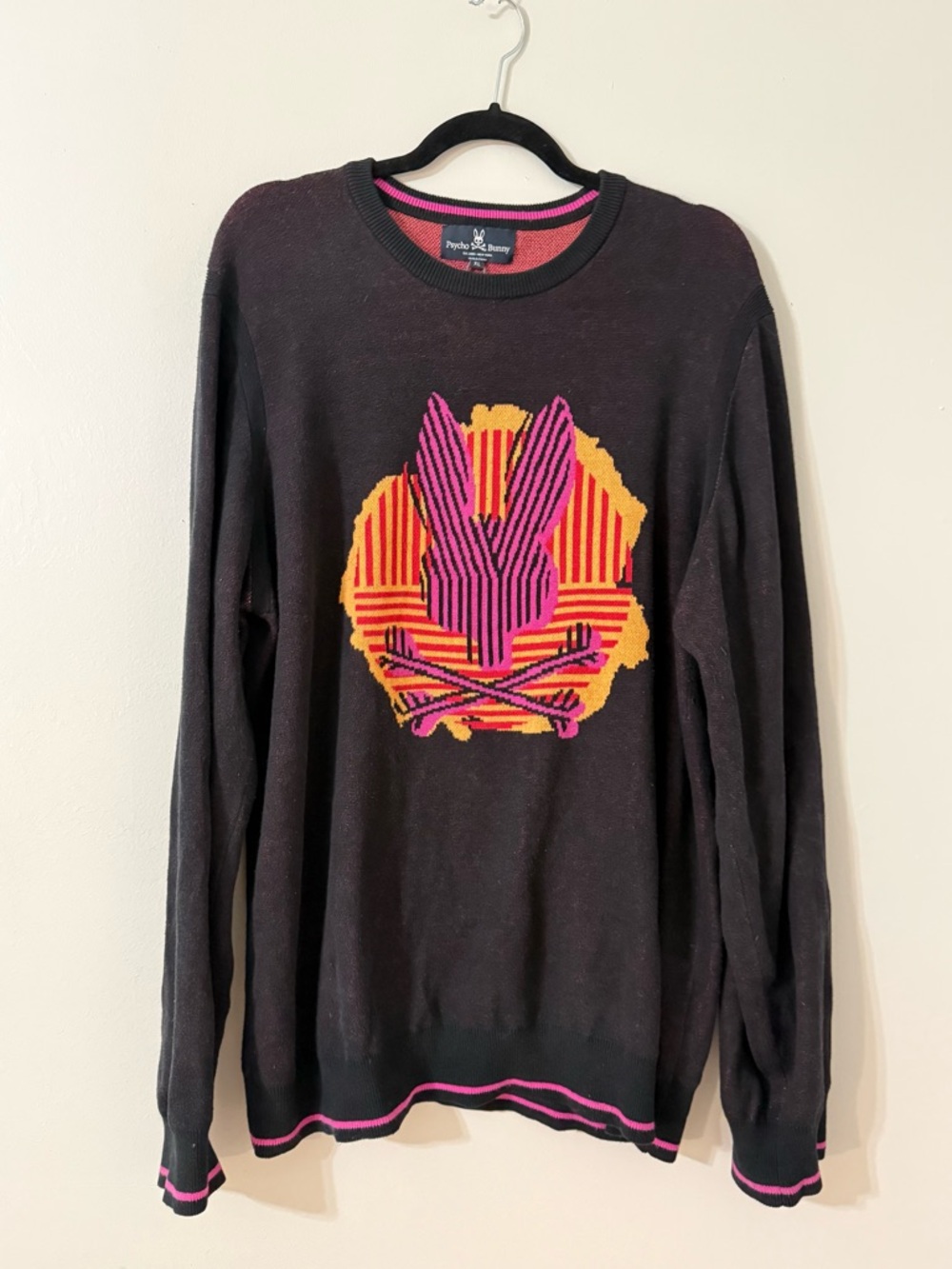 Psycho Bunny Graphic Knit Sweater XL Black Neon